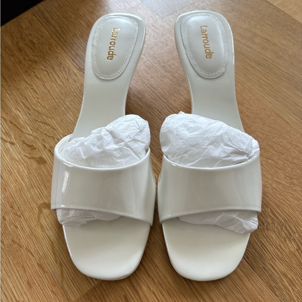 White patent leather kitten heel sandals